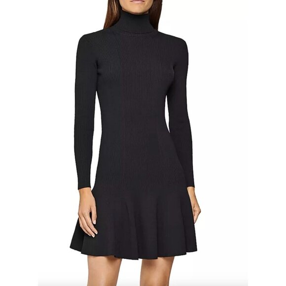 REISS Mimi Ribbed Mini Dress Turtleneck Drop Waist Ribbed in Black Medium